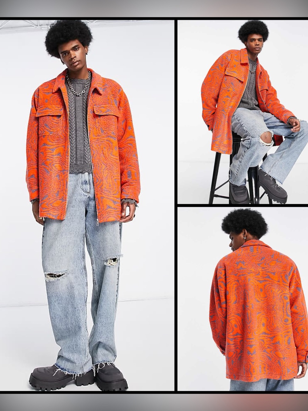 ASOS Vibrant Y2K Grunge Abstract Swirl Oversized Streetwear Orange Shacket M